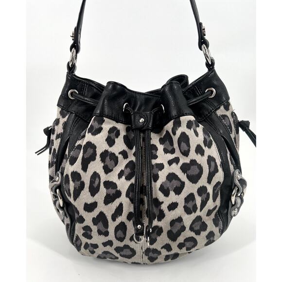 TIGNANELLO Vintage Leopard Suede Leather Drawstring Bucket Purse Bag + Keychain - Picture 7 of 15